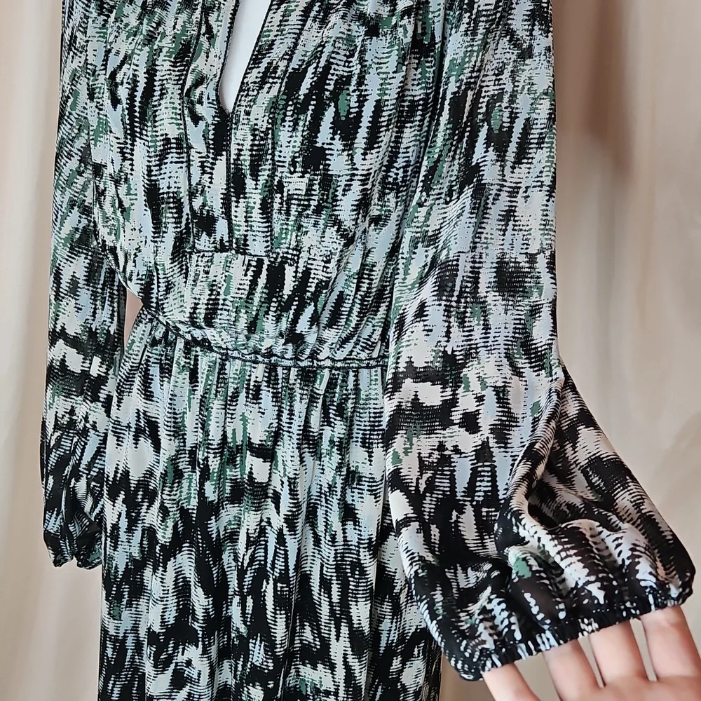 Max Edition Abstract Blouson Dress Womens Large Cinched Waist Long Sleeve Office